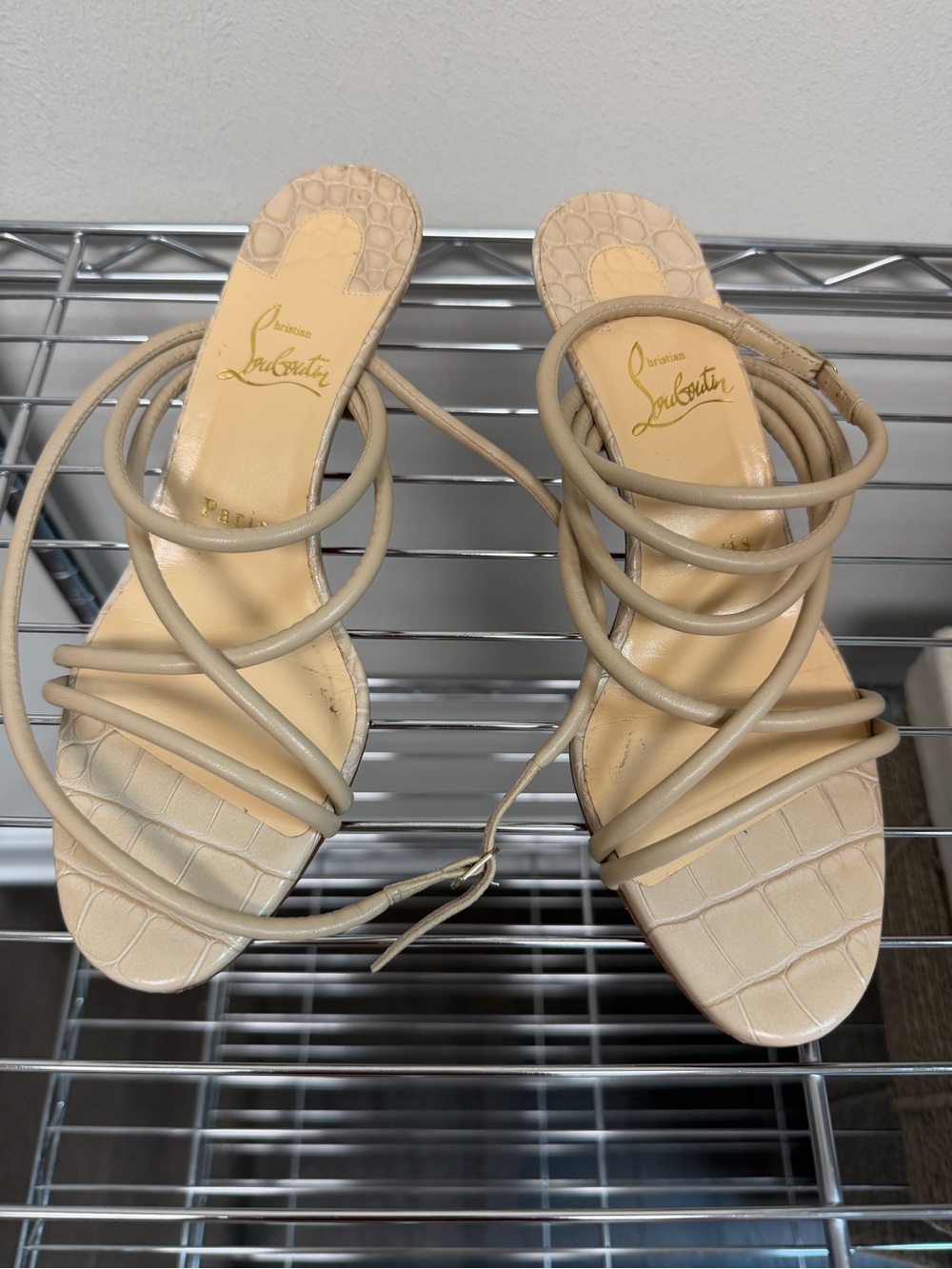 Christian Louboutin Nude Wrap-Strap Croc-Embossed Sandal